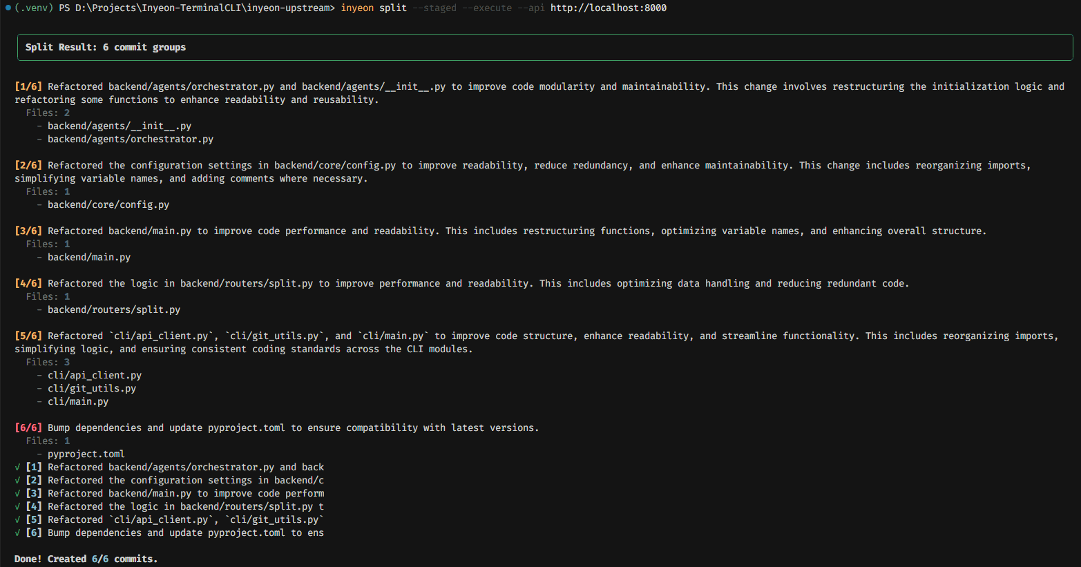 Inyeon split command splitting staged changes into 6 atomic commit groups